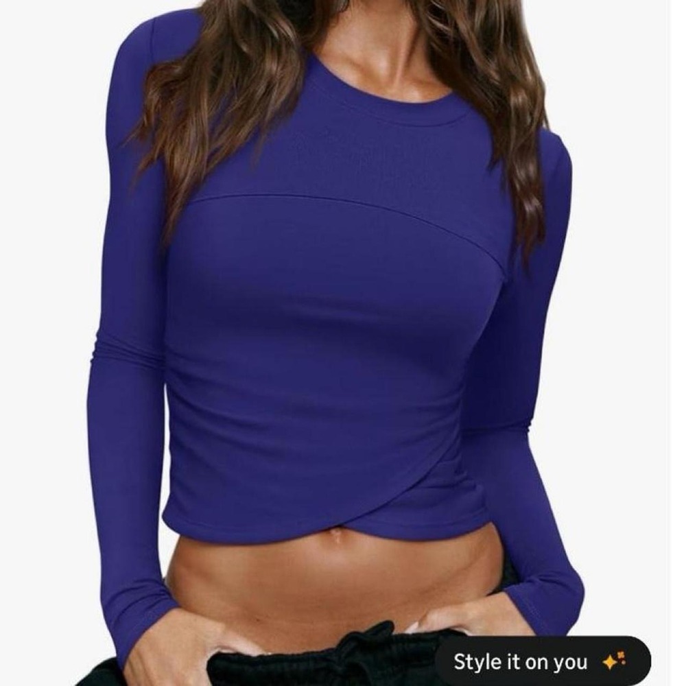 LASLULU Womens Sexy Crossover Crop Top Long Sleeve Workout Top
